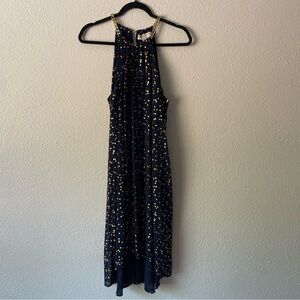 Michael Kors women’s chain necklace gold flower navy blue sleeveless dress, L